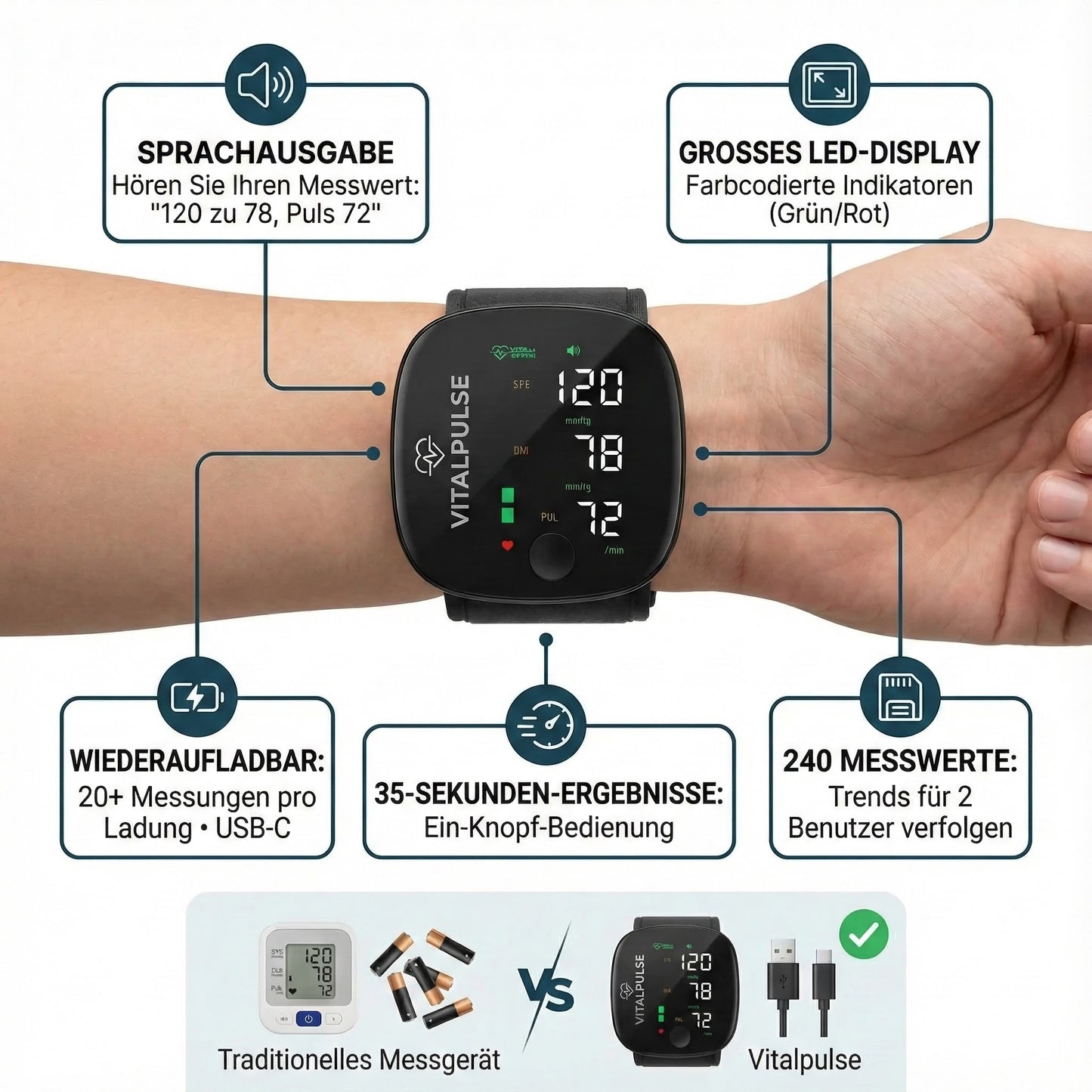 Vitalpuls Pro 2.0 mit App, Speicher & Arrhythmie-Erkennung